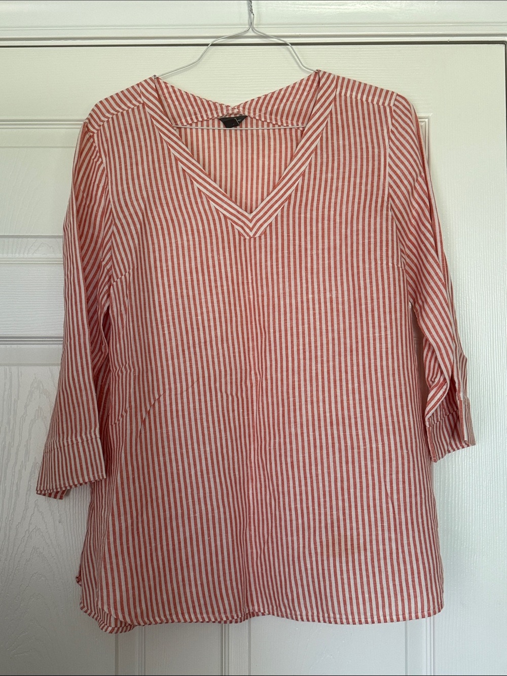 Eddie Bauer Red and White Striped V-Neck Tunic Top
